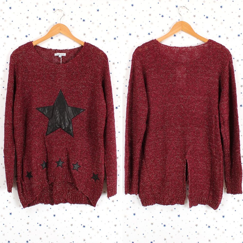 Star Accent Sparkle Knit Sweater Burgundy